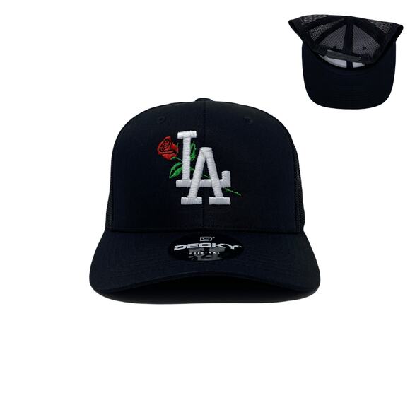 Los Angeles LA Rose Flower White Trucker Hat in Black - Picture 1 of 7